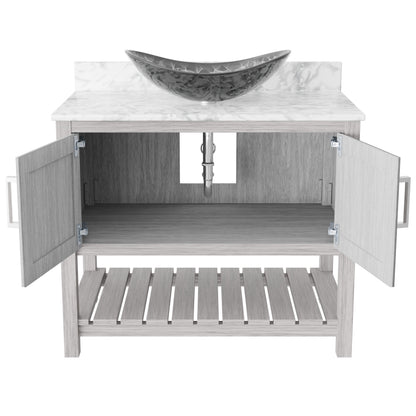 36-inch Novatto bath vanity with Carrara white marble countertop and sink, featuring sleek, modern bathroom accessory design