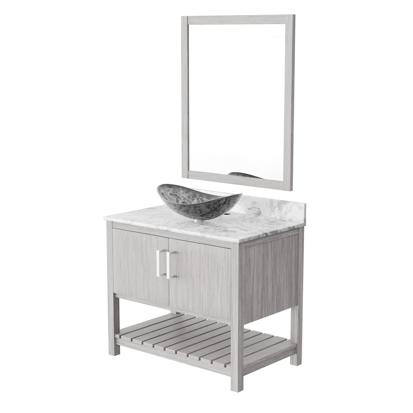 36-inch Novatto bathroom vanity with Carrara white marble countertop and integrated sink, featuring sleek modern design.