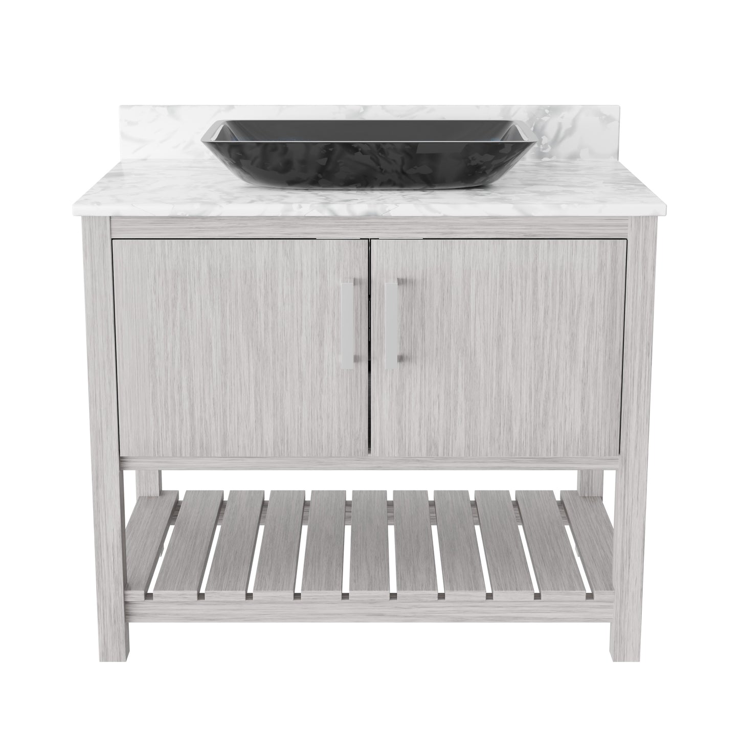 36-inch Novatto bathroom vanity with Carrara white marble counter and integrated sink, natural wood finish, modern bathroom accessory