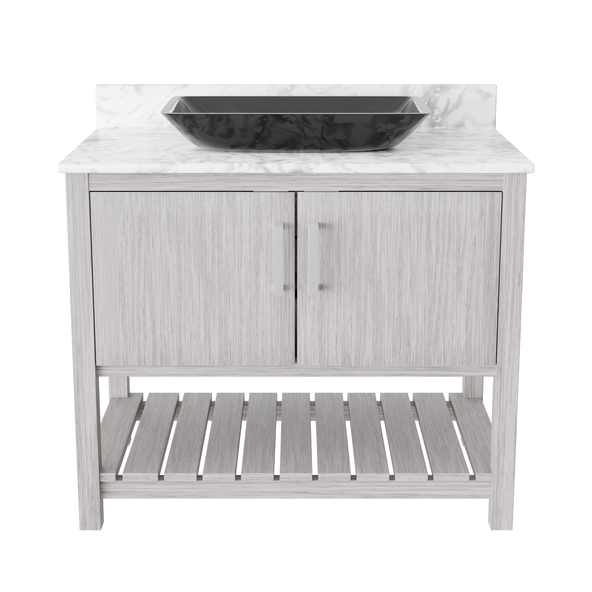36-inch Novatto bathroom vanity with Carrara white marble counter and integrated sink, natural wood finish, modern bathroom accessory