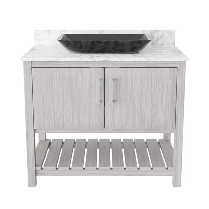 36-inch Novatto bathroom vanity with Carrara white marble counter and integrated sink, natural wood finish, modern bathroom accessory