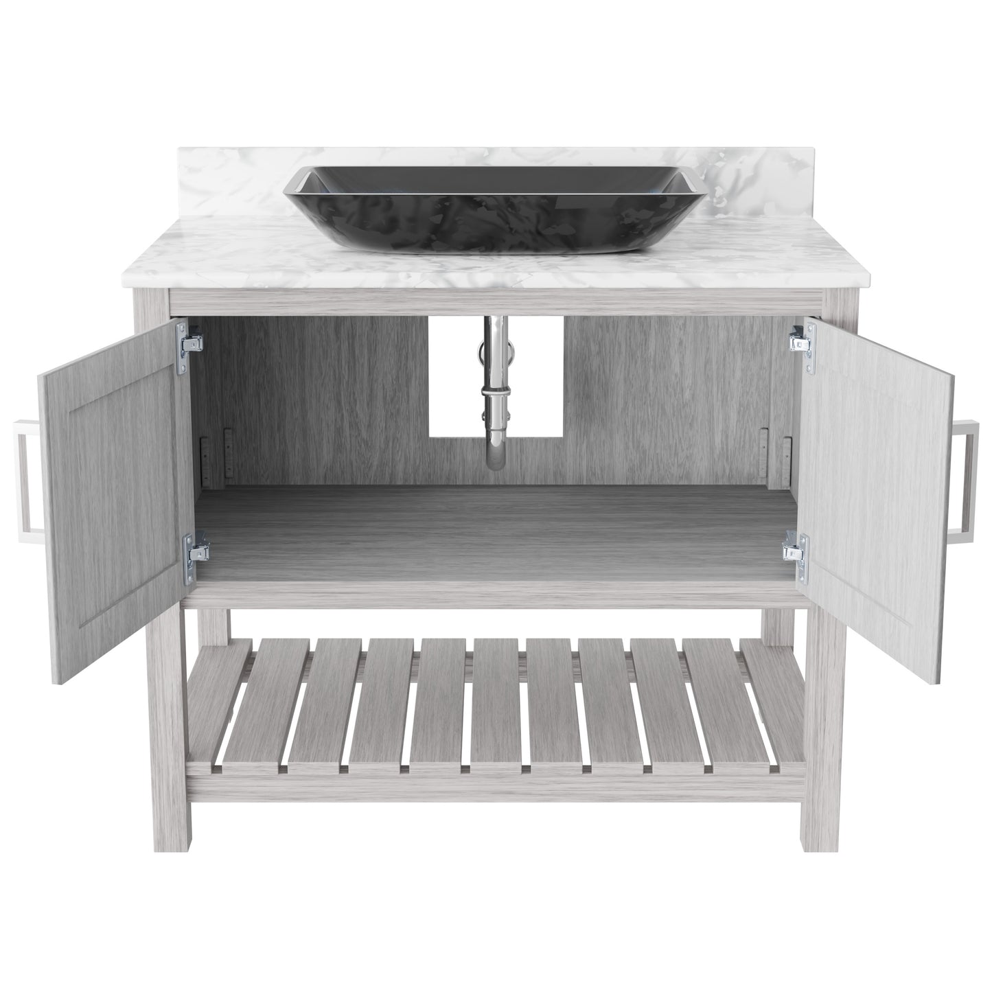 36-inch Novatto bath vanity with Carrara white marble counter and sink, featuring elegant bathroom accessory design.