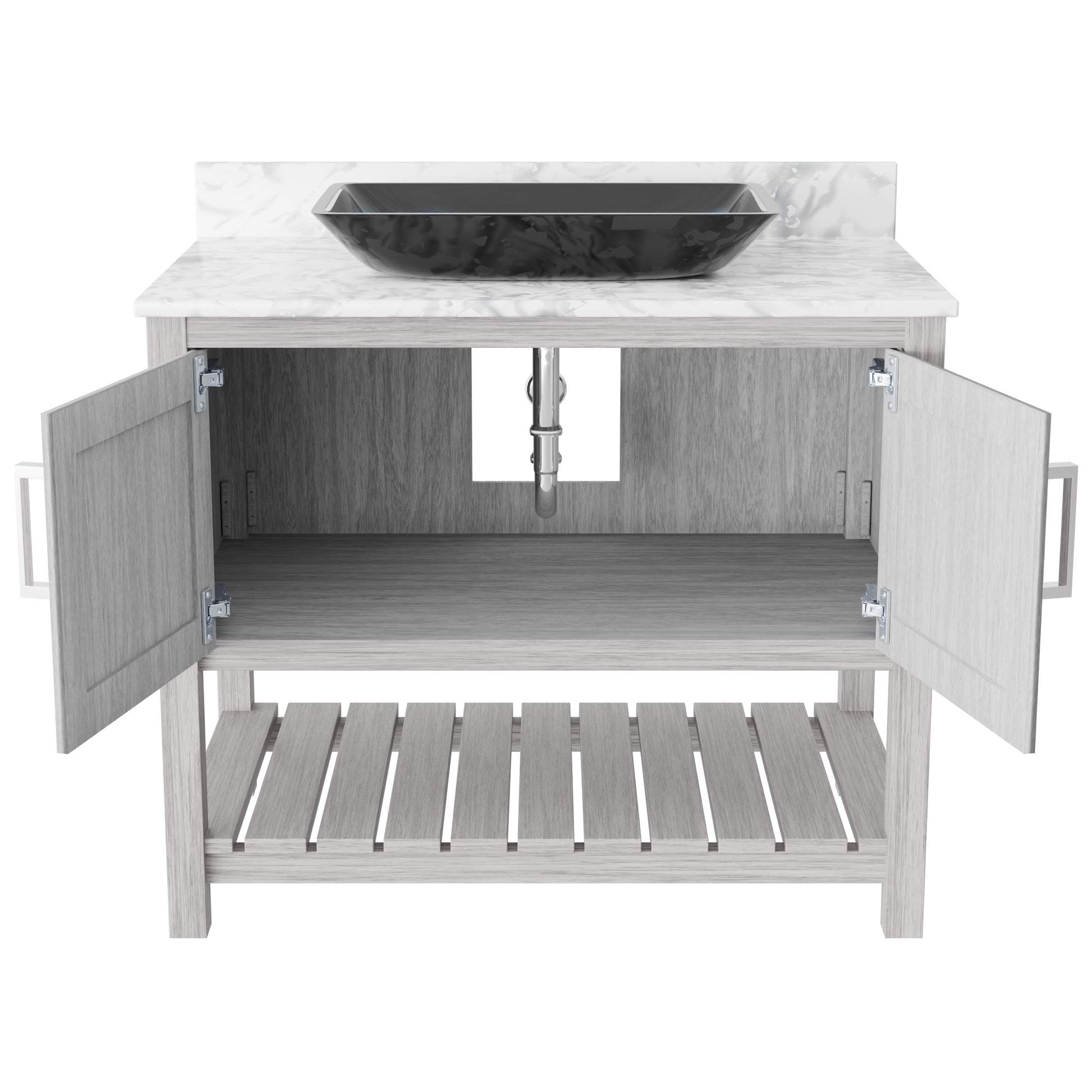 36-inch Novatto bath vanity with Carrara white marble counter and sink, featuring elegant bathroom accessory design.