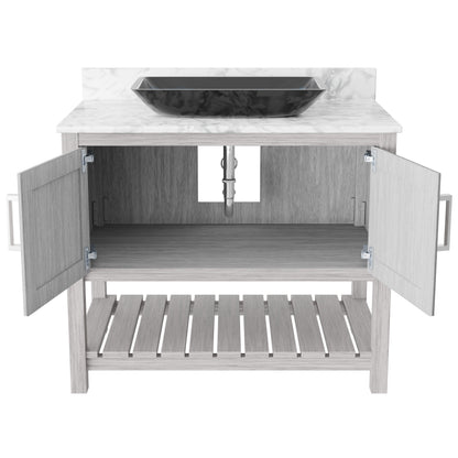 36-inch Novatto bath vanity with Carrara white marble counter and sink, featuring elegant bathroom accessory design.