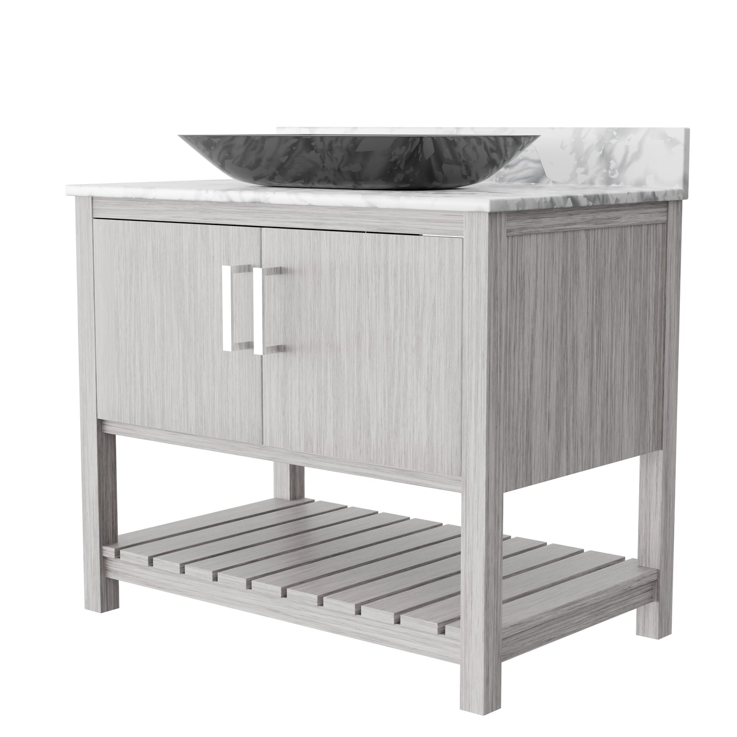 Novatto 36-inch bath vanity with Carrara white marble counter and sink, featuring modern cabinetry and elegant design.