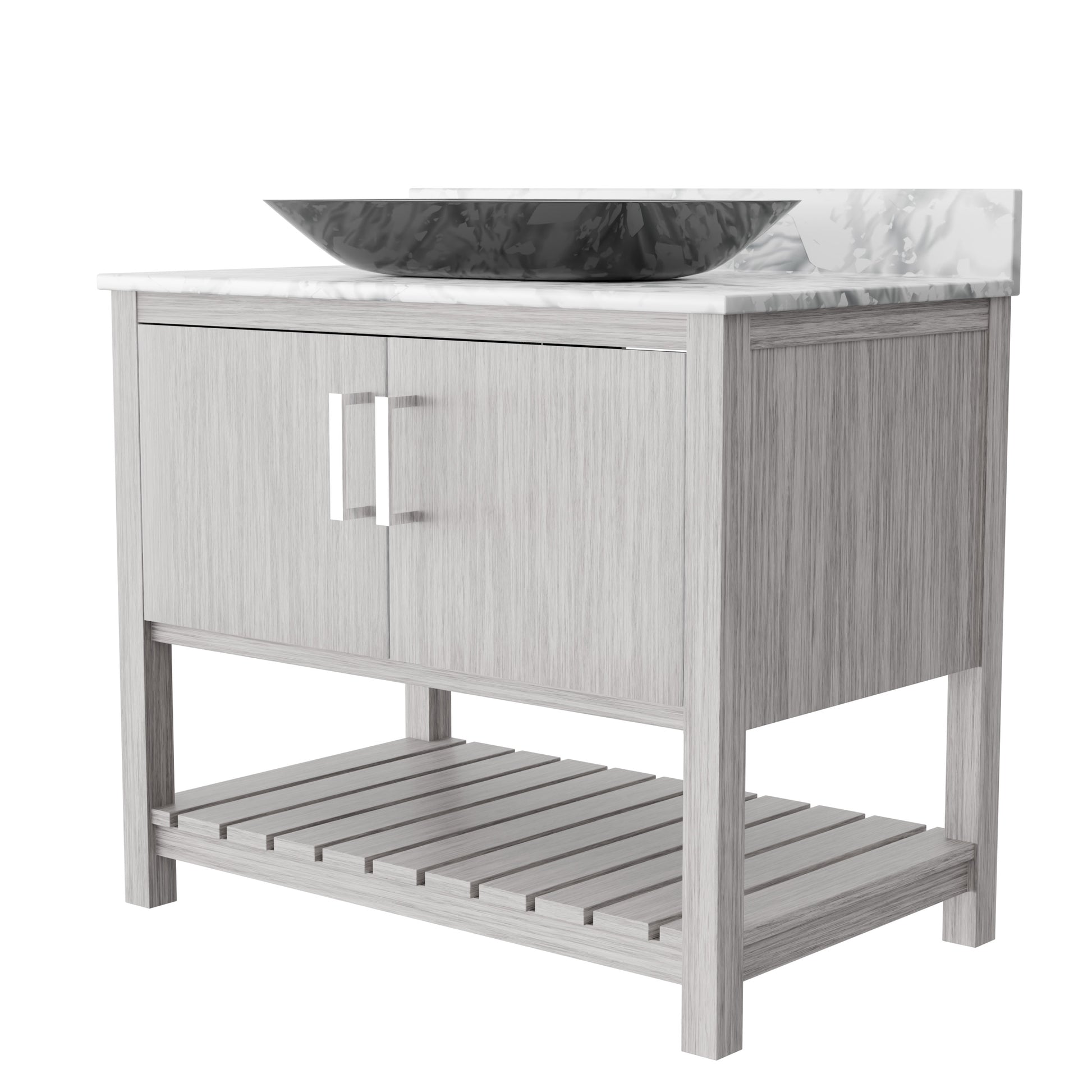 Novatto 36-inch bath vanity with Carrara white marble counter and sink, featuring modern cabinetry and elegant design.