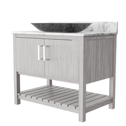 Novatto 36-inch bath vanity with Carrara white marble counter and sink, featuring modern cabinetry and elegant design.