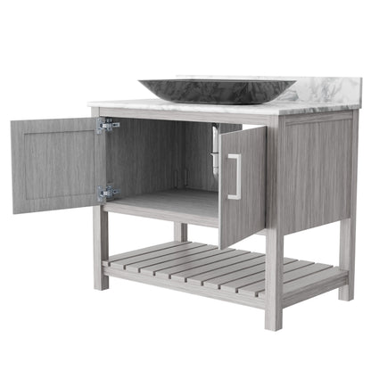 Modern 36-inch Novatto bath vanity with Carrara white marble countertop and integrated sink, shown from front angle.