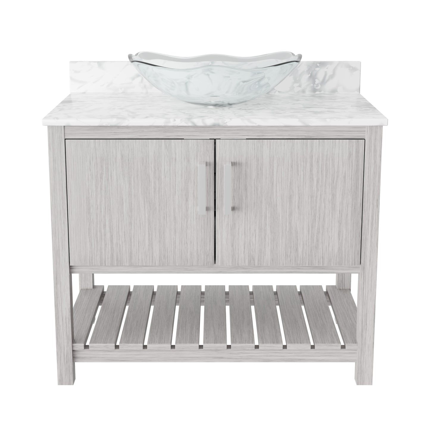 36-inch Novatto bath vanity with Carrara white marble counter and integrated sink, showcasing sleek bathroom accessory design.