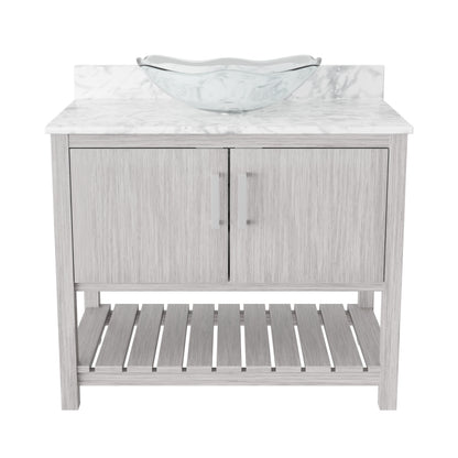 36-inch Novatto bath vanity with Carrara white marble counter and integrated sink, showcasing sleek bathroom accessory design.