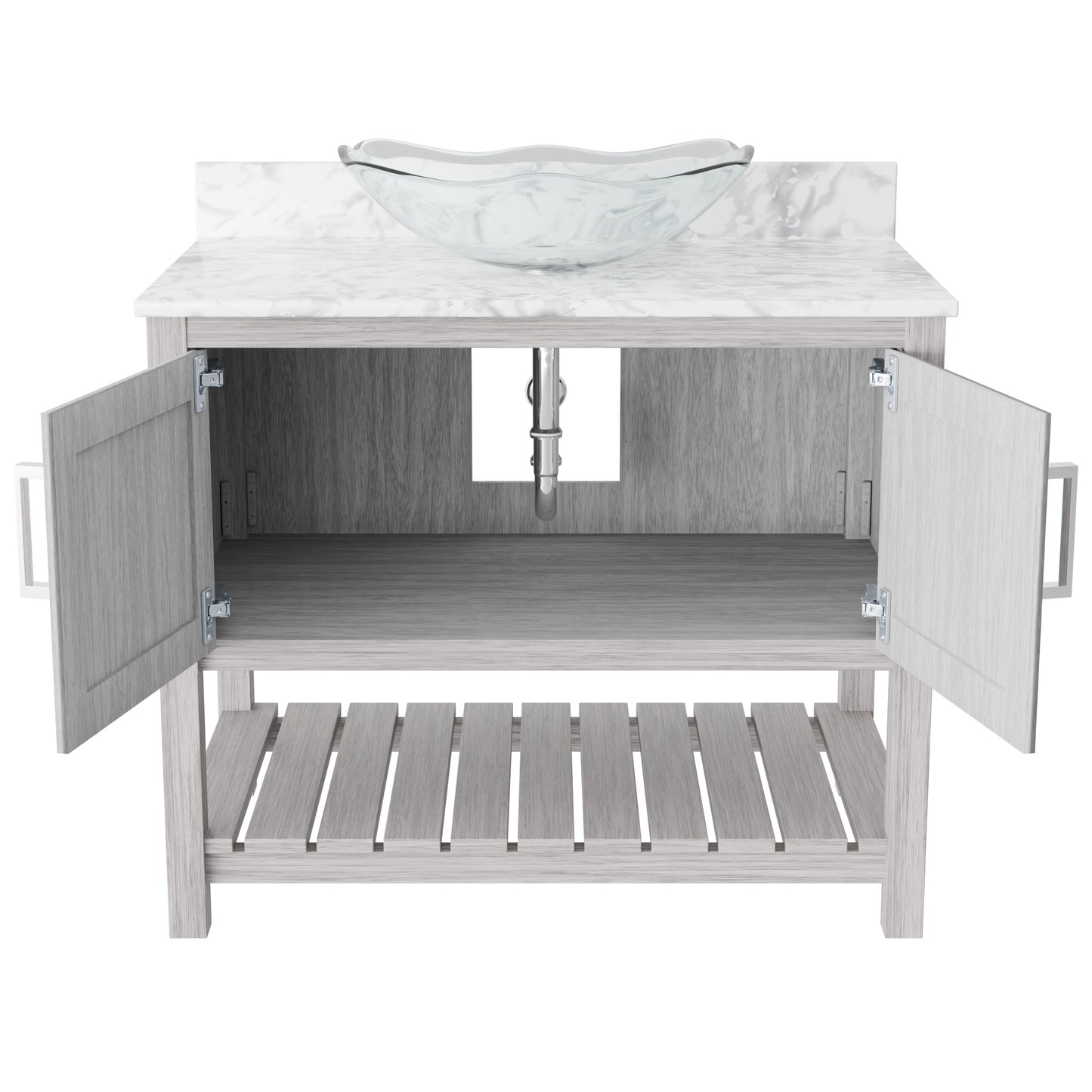 36-inch Novatto bath vanity with Carrara White marble counter and integrated sink, showcasing elegant bathroom accessory design.