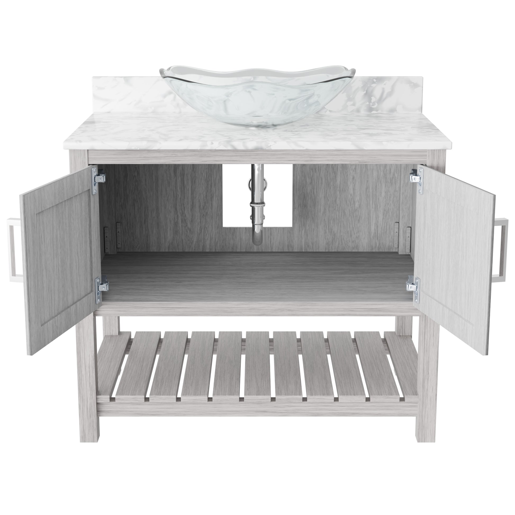 36-inch Novatto bath vanity with Carrara White marble counter and integrated sink, showcasing elegant bathroom accessory design.