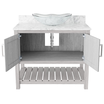 36-inch Novatto bath vanity with Carrara White marble counter and integrated sink, showcasing elegant bathroom accessory design.