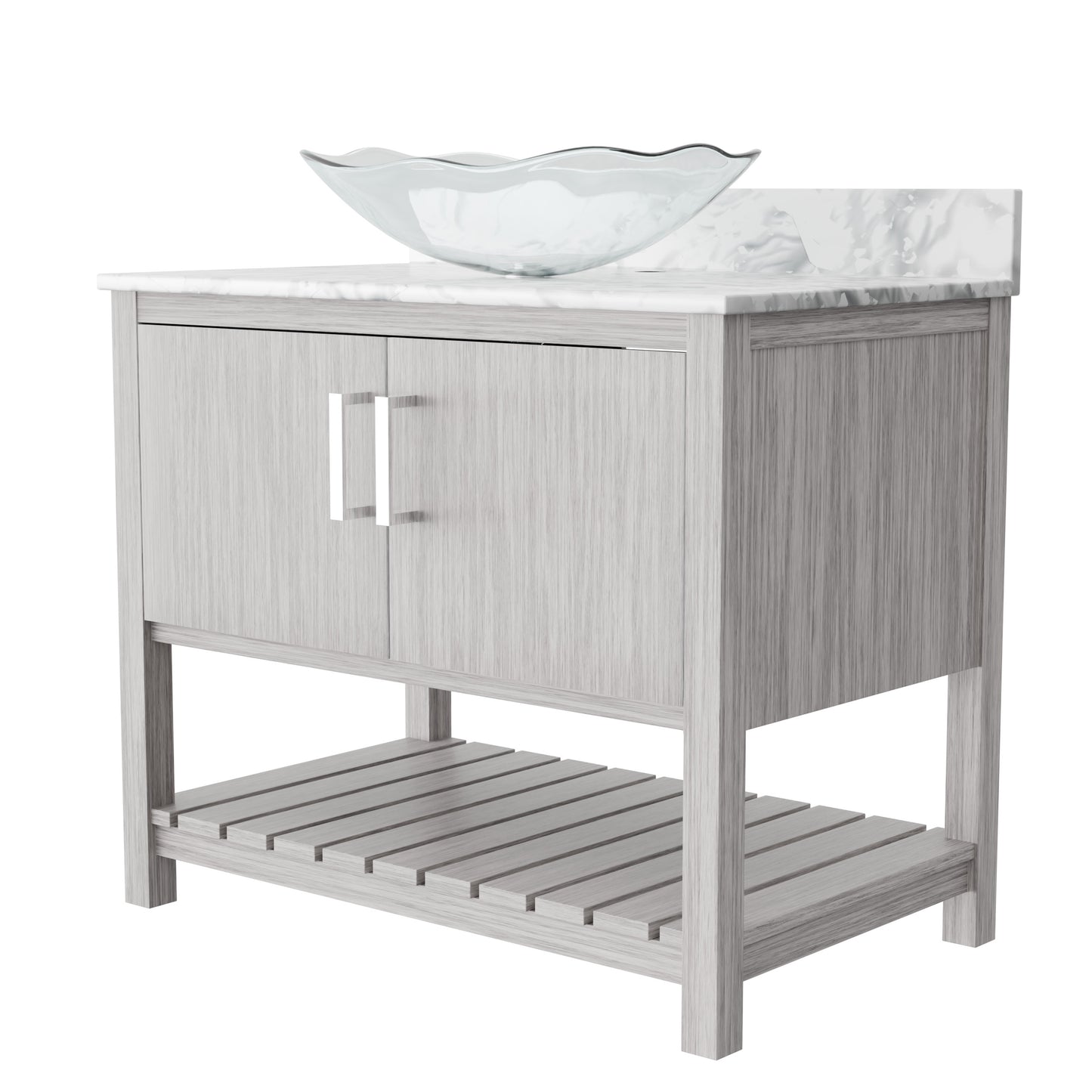 36-inch Novatto bath vanity with Carrara white marble countertop and integrated sink, showcasing sleek bathroom accessory design