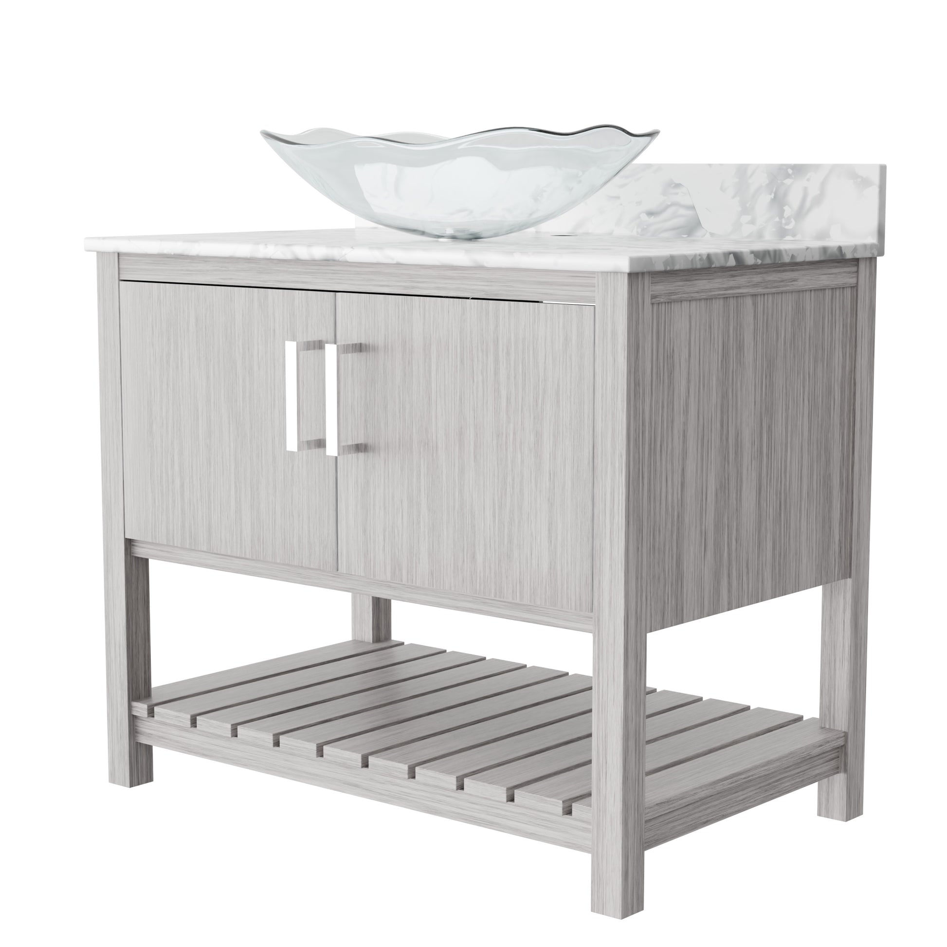 36-inch Novatto bath vanity with Carrara white marble countertop and integrated sink, showcasing sleek bathroom accessory design