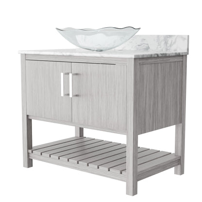 36-inch Novatto bath vanity with Carrara white marble countertop and integrated sink, showcasing sleek bathroom accessory design