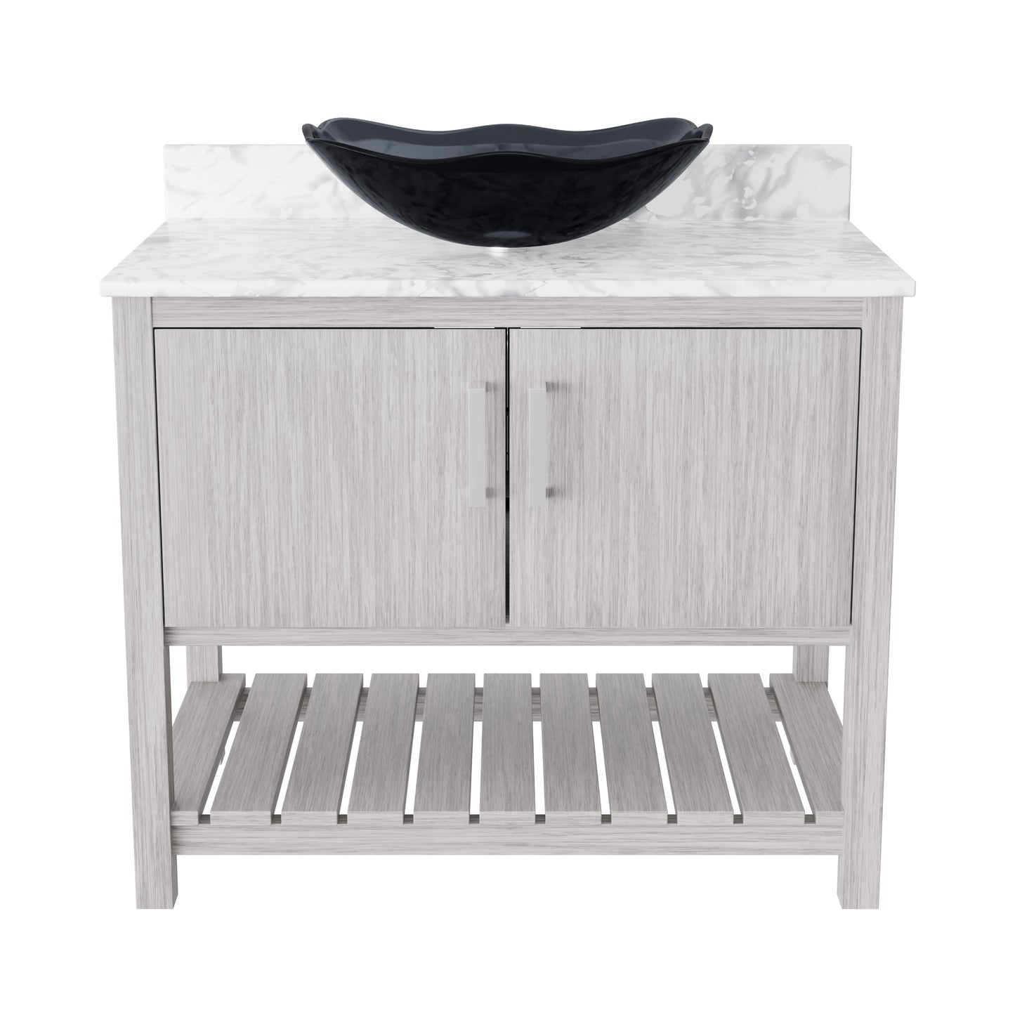 Novatto 36-inch bath vanity with Carrara white marble countertop and integrated sink, modern bathroom accessory.