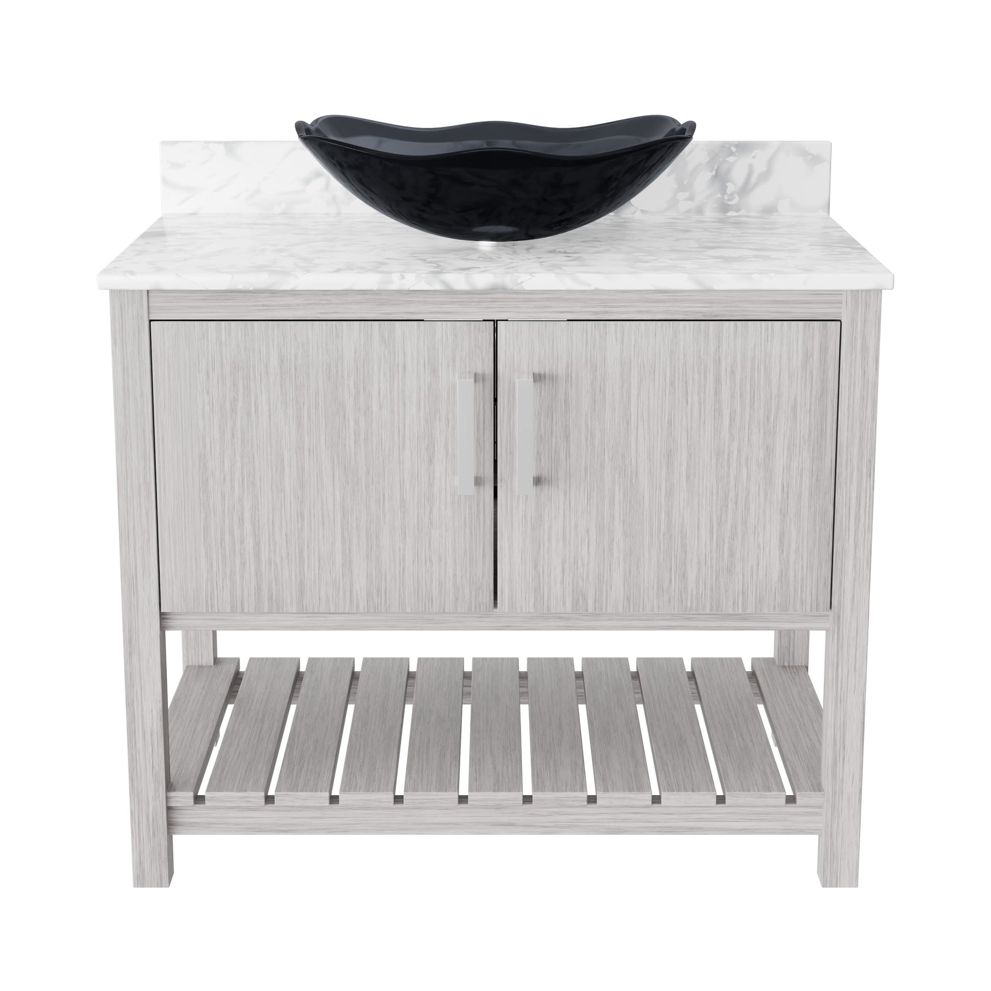 Novatto 36-inch bath vanity with Carrara white marble countertop and integrated sink, modern bathroom accessory.