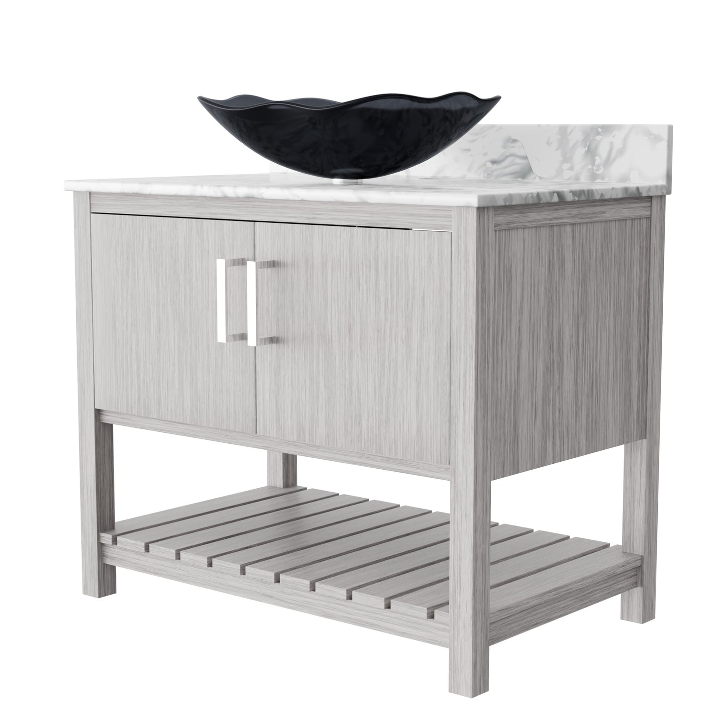 36-inch Novatto bath vanity with Carrara white marble counter and sink, shown with polished wood finish and modern design.