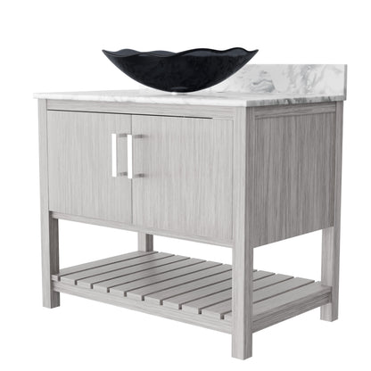 36-inch Novatto bath vanity with Carrara white marble counter and sink, shown with polished wood finish and modern design.