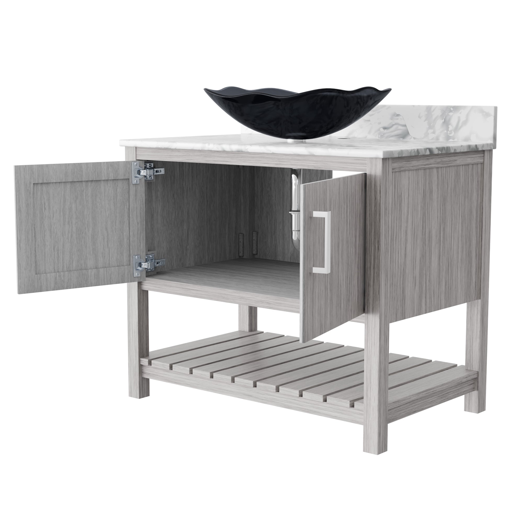 36-inch Novatto bath vanity with Carrara white marble counter and sink, featuring modern design and polished finish.