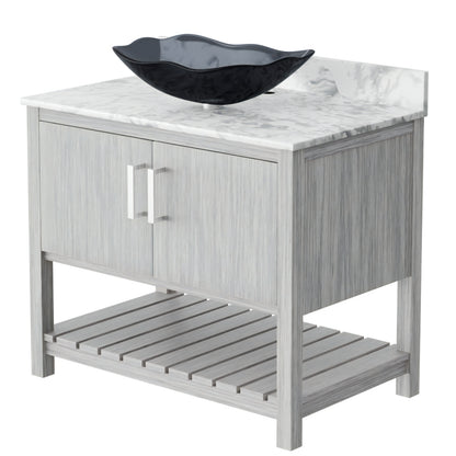 Novatto 36-inch bath vanity with Carrara white marble countertop and integrated sink, modern bathroom accessory.