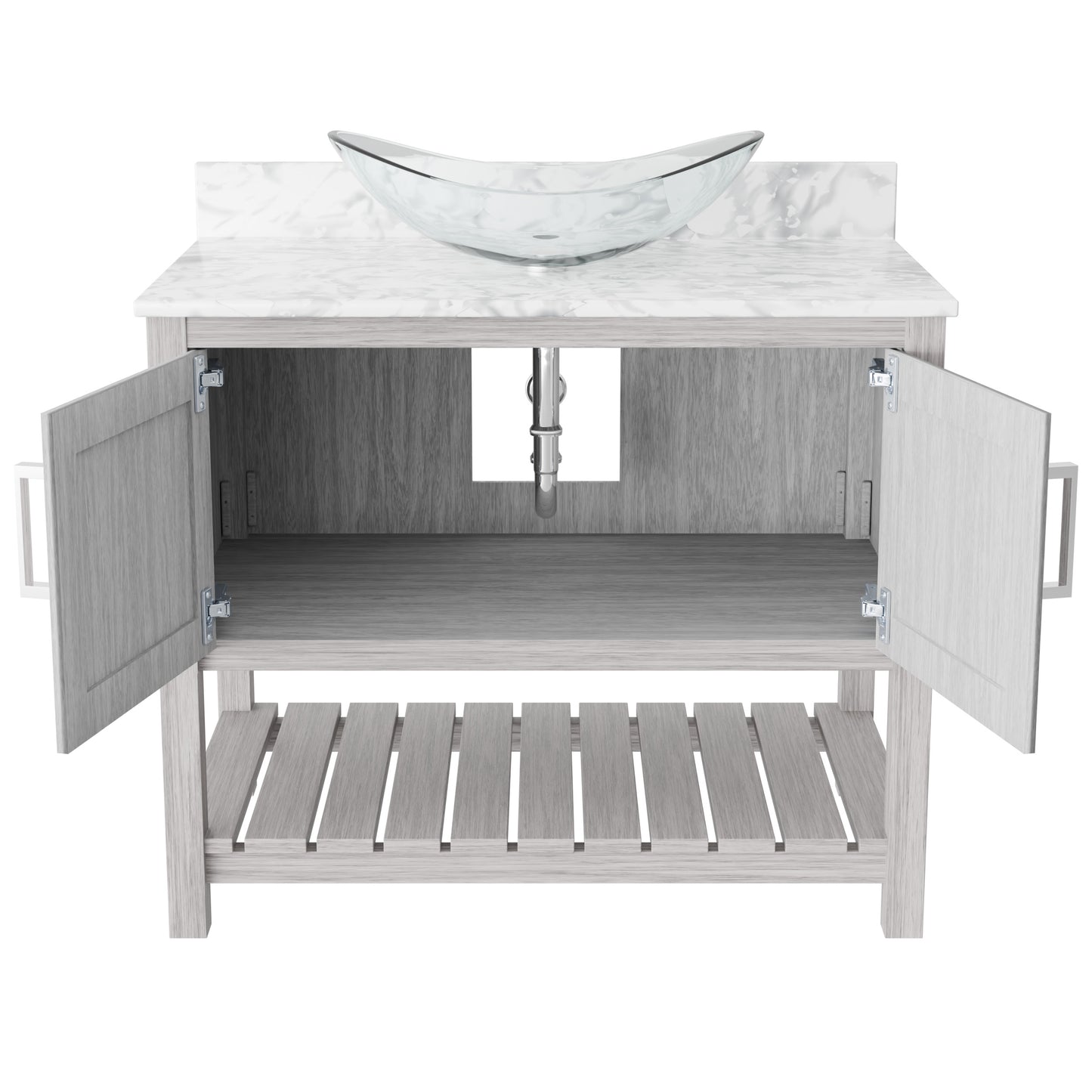 36-inch Novatto bath vanity with Carrara white marble counter and sink, showcasing elegant bathroom accessory design.