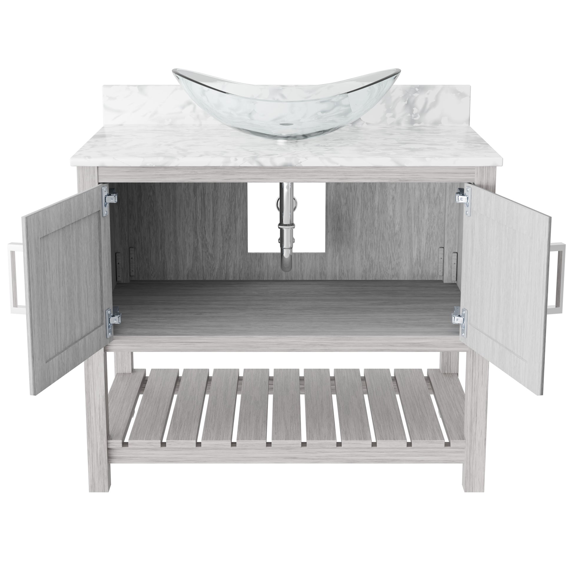 36-inch Novatto bath vanity with Carrara white marble counter and sink, showcasing elegant bathroom accessory design.