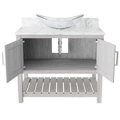 36-inch Novatto bath vanity with Carrara white marble counter and sink, showcasing elegant bathroom accessory design.