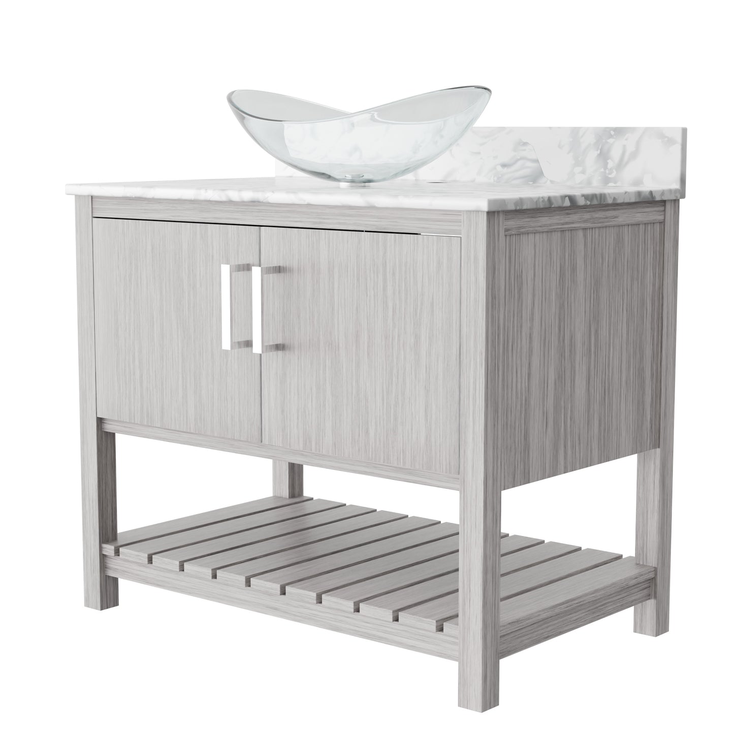 36-inch Novatto bath vanity with Carrara white marble counter and sink, showcasing sleek bathroom accessory and elegant design