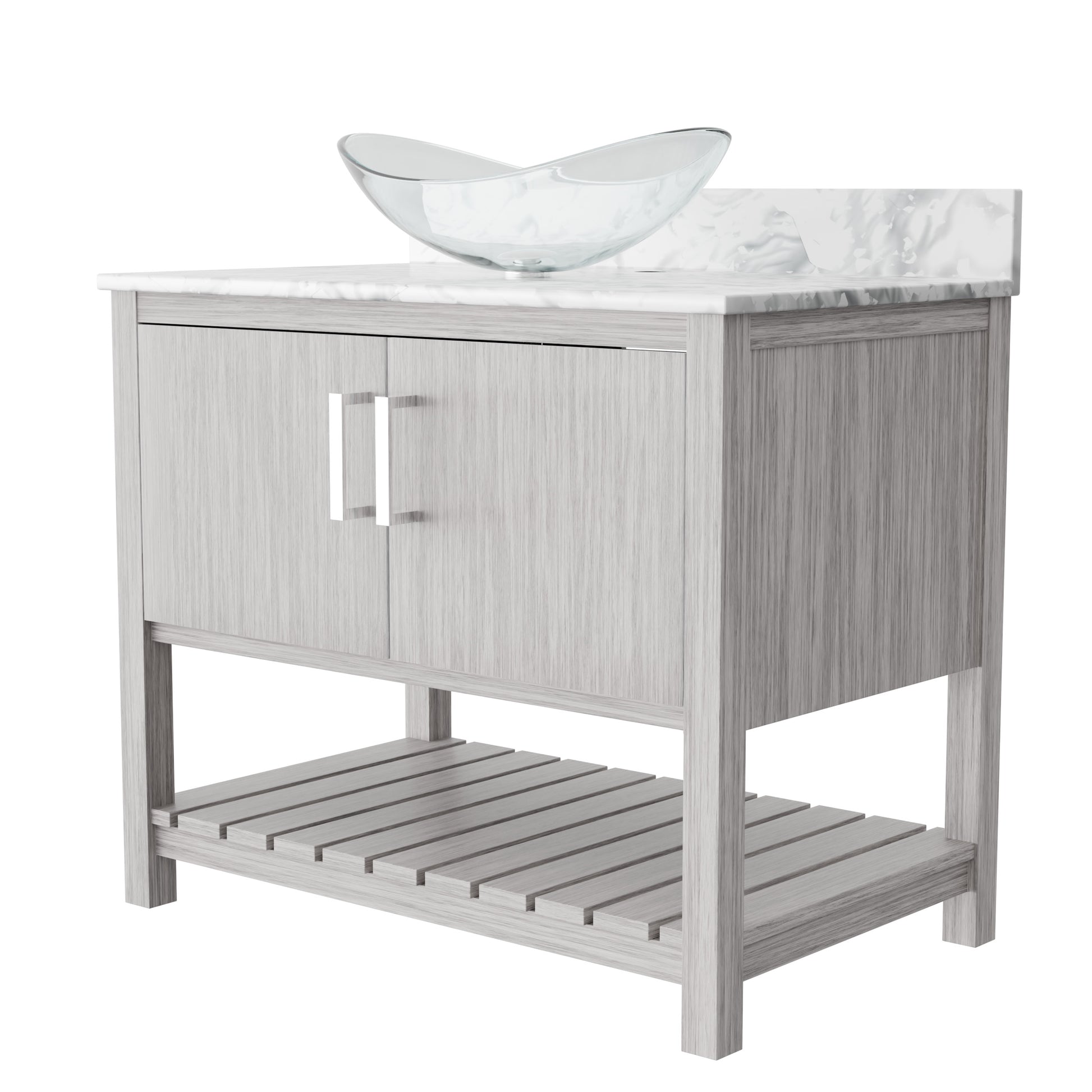36-inch Novatto bath vanity with Carrara white marble counter and sink, showcasing sleek bathroom accessory and elegant design