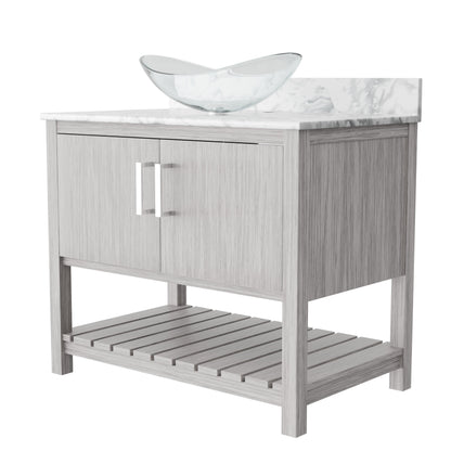 36-inch Novatto bath vanity with Carrara white marble counter and sink, showcasing sleek bathroom accessory and elegant design