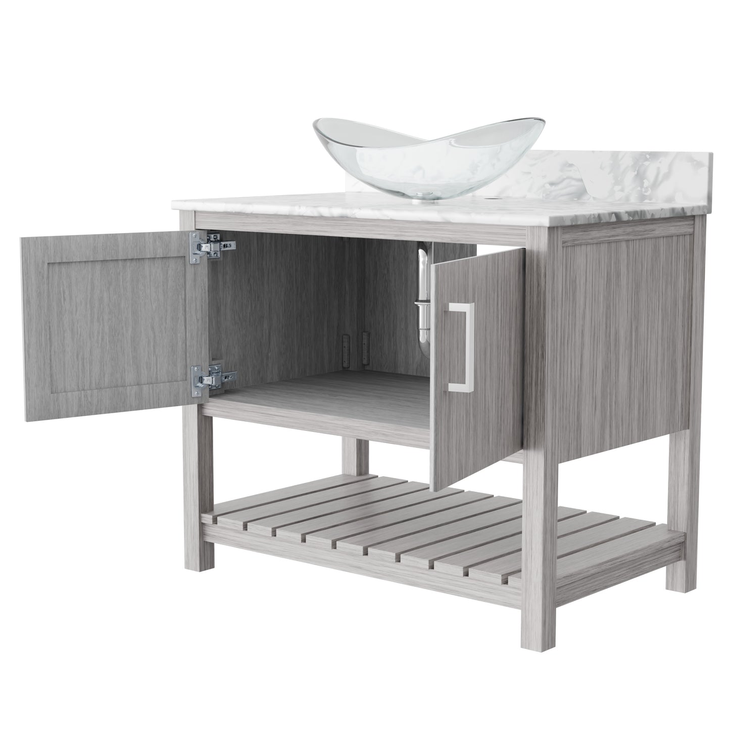 Novatto 36-inch bath vanity with Carrara white marble countertop and sink, featuring modern design and sleek accessories.