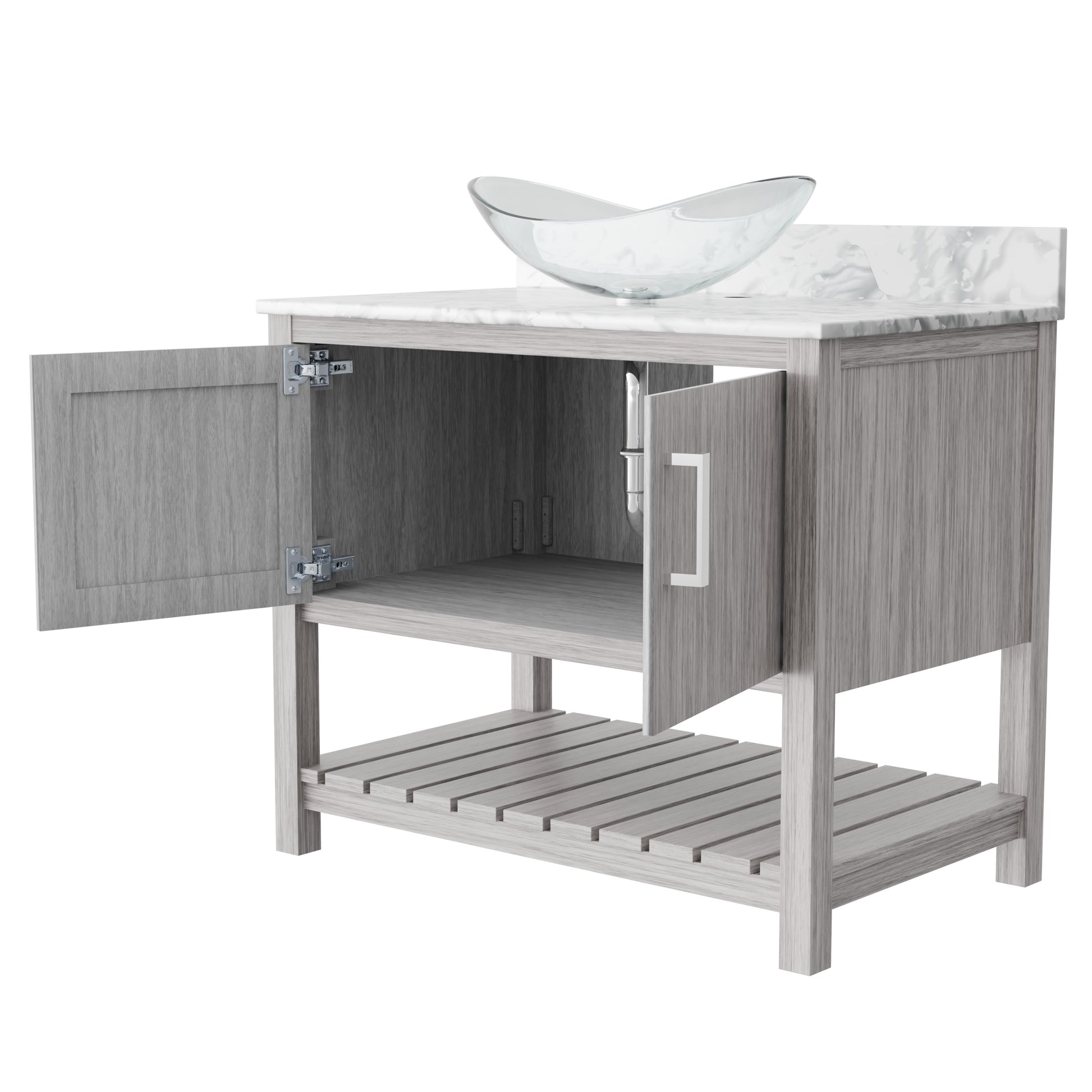 Novatto 36-inch bath vanity with Carrara white marble countertop and sink, featuring modern design and sleek accessories.