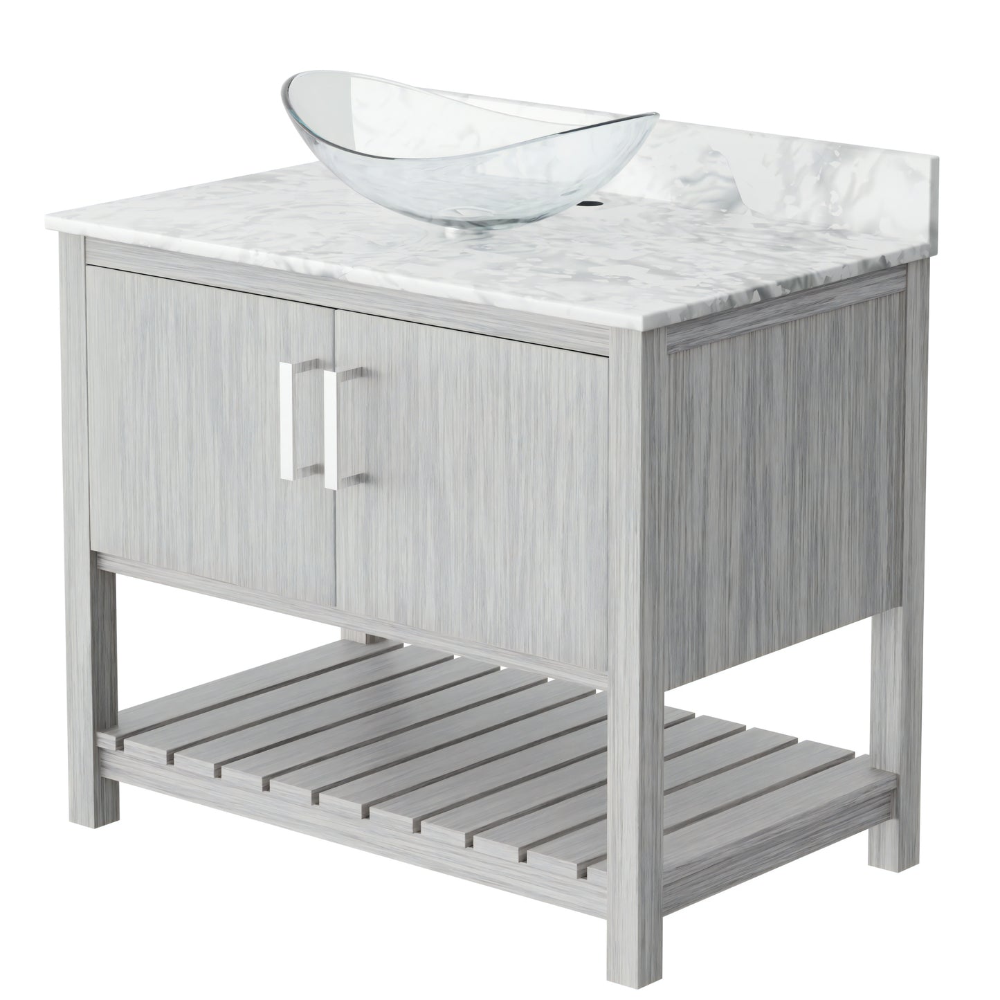 Novatto 36-inch bath vanity with Carrara white marble countertop and integrated sink, showcasing elegant bathroom accessory design.