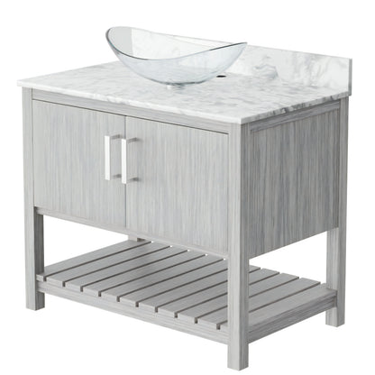 Novatto 36-inch bath vanity with Carrara white marble countertop and integrated sink, showcasing elegant bathroom accessory design.