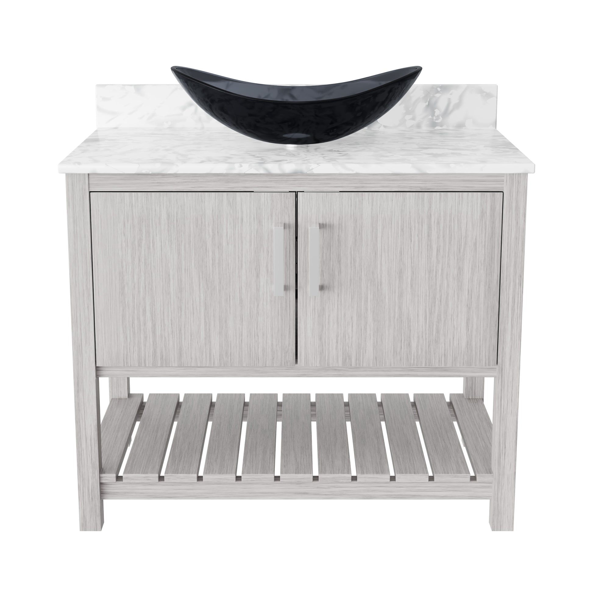 36-inch Novatto bath vanity with Carrara white marble countertop and sink, showcasing modern bathroom accessory design.