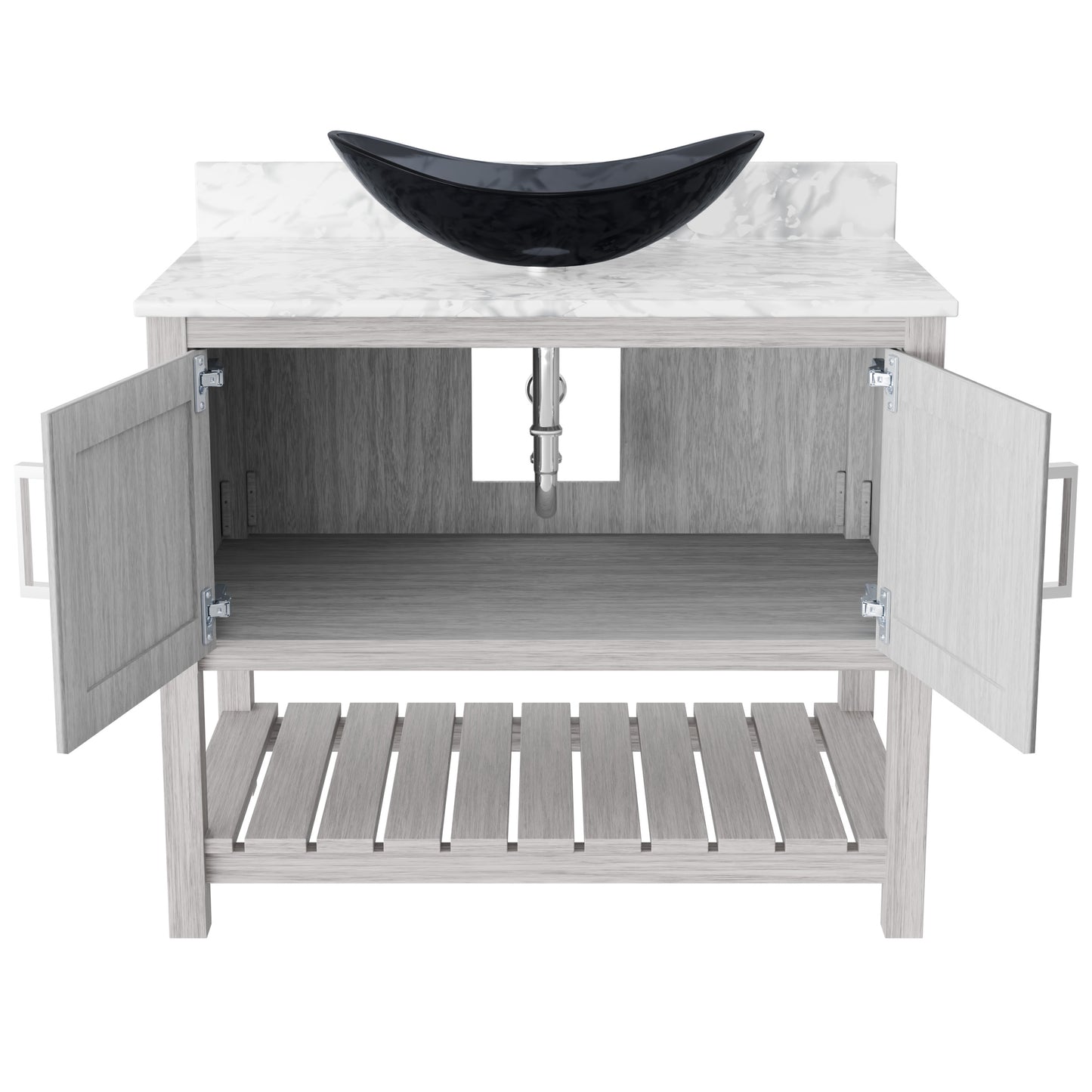 36-inch Novatto bath vanity with Carrara white marble counter and sink, showcasing elegant bathroom accessory design.
