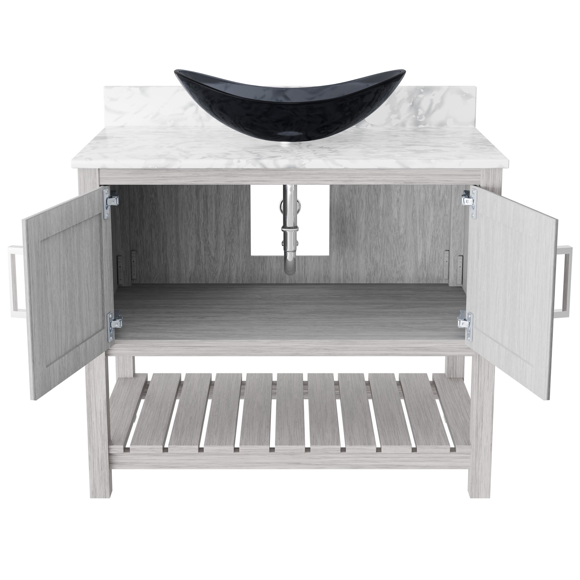 36-inch Novatto bath vanity with Carrara white marble counter and sink, showcasing elegant bathroom accessory design.