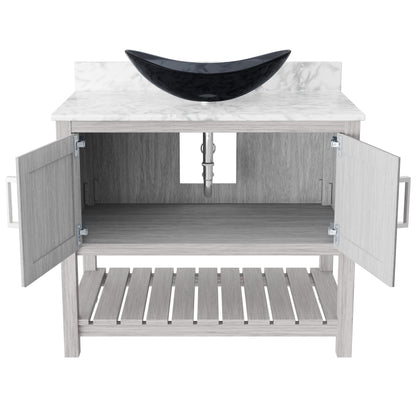 36-inch Novatto bath vanity with Carrara white marble counter and sink, showcasing elegant bathroom accessory design.