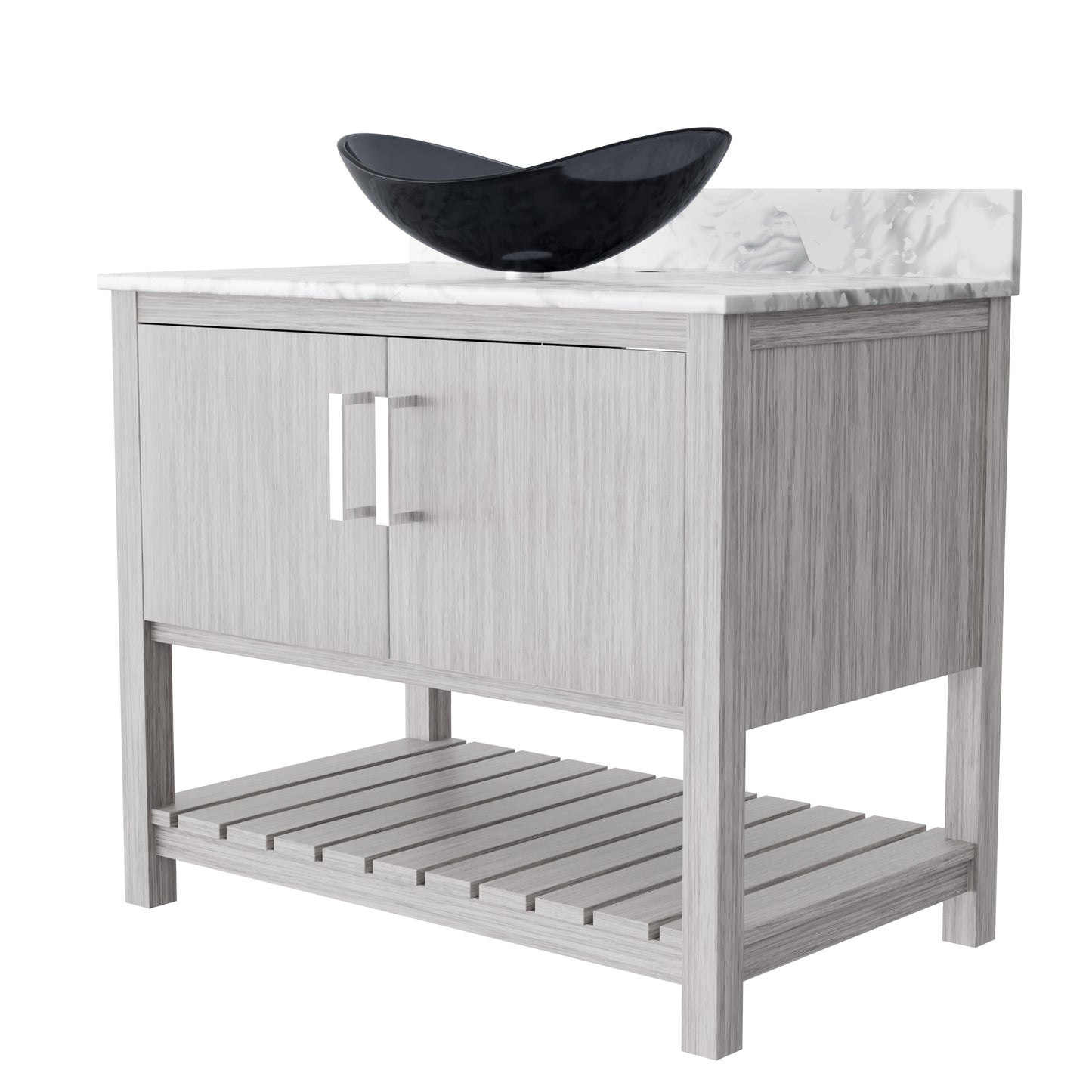 36-inch Novatto bath vanity with Carrara white marble countertop and integrated sink, showcasing a sleek bathroom accessory.