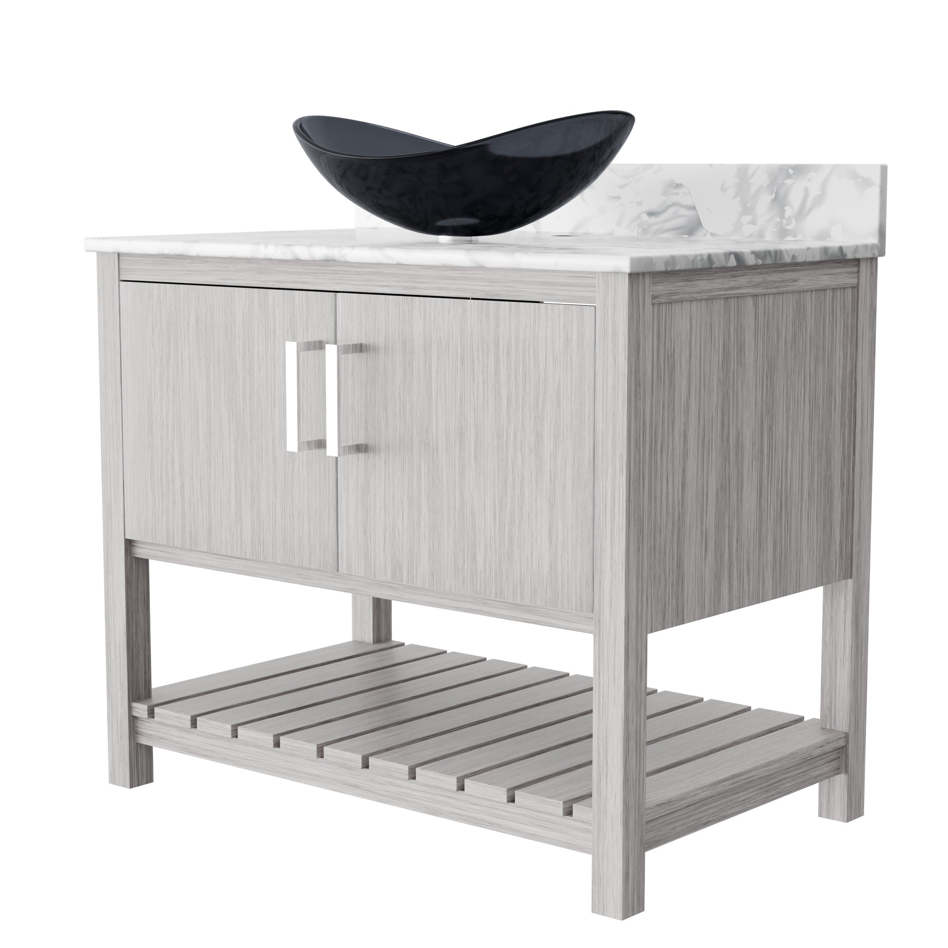 36-inch Novatto bath vanity with Carrara white marble countertop and integrated sink, showcasing a sleek bathroom accessory.