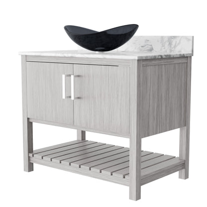 36-inch Novatto bath vanity with Carrara white marble countertop and integrated sink, showcasing a sleek bathroom accessory.
