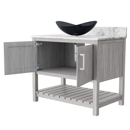 36-inch Novatto bath vanity with Carrara white marble counter and sink, featuring a sleek modern design.