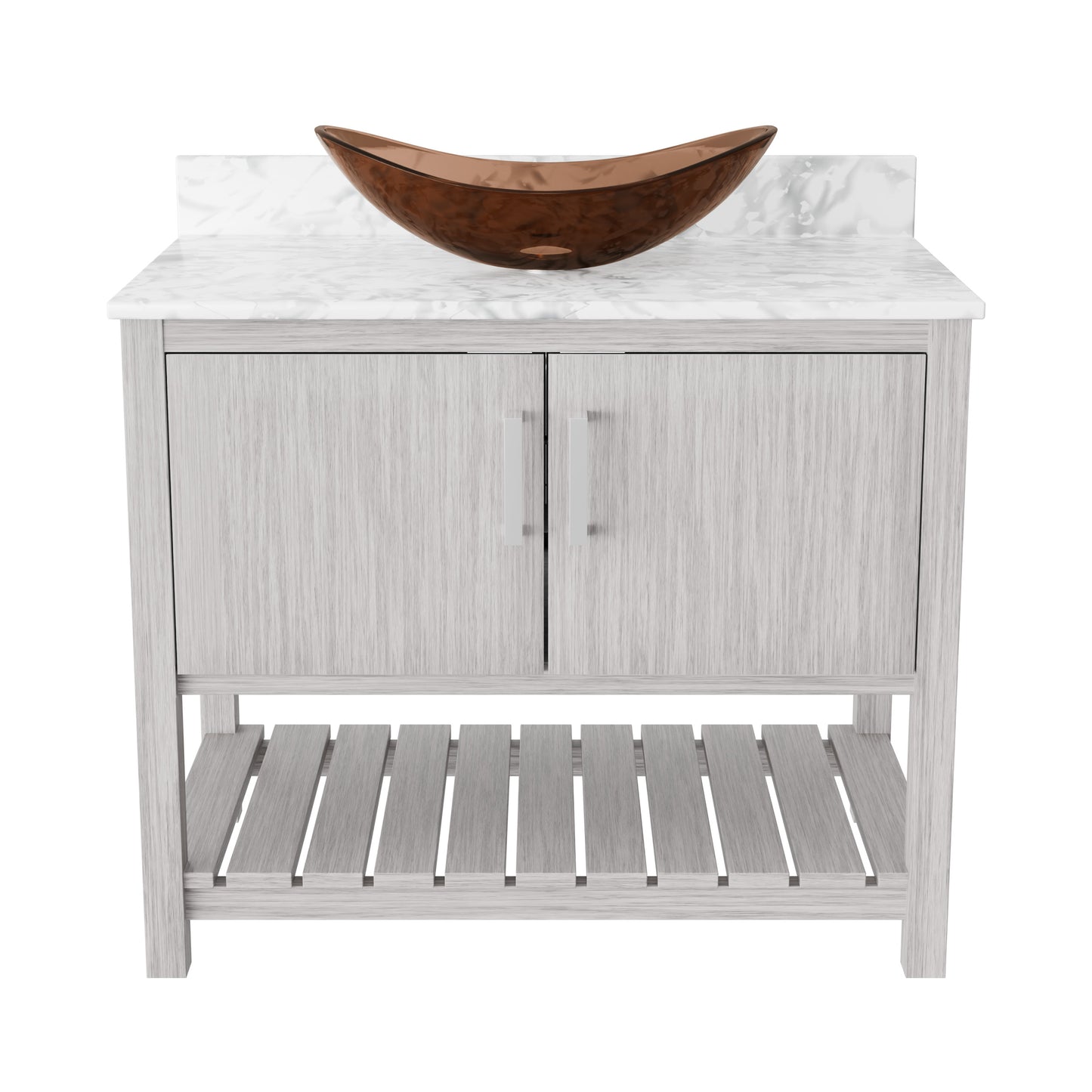 Novatto 36-inch bath vanity with Carrara white marble countertop and integrated sink, modern bathroom accessory design.