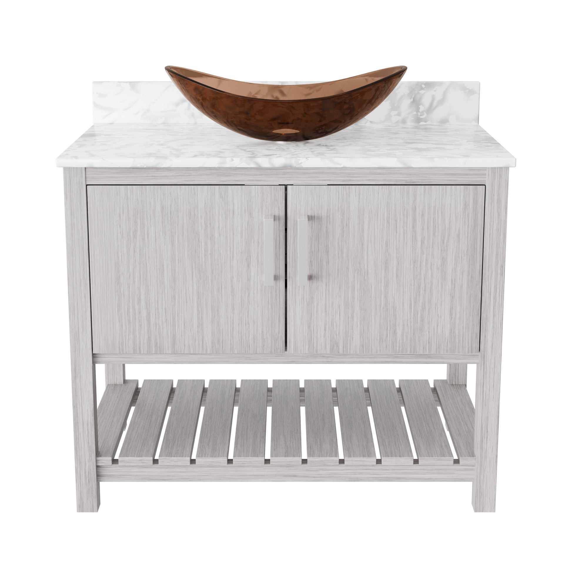 Novatto 36-inch bath vanity with Carrara white marble countertop and integrated sink, modern bathroom accessory design.