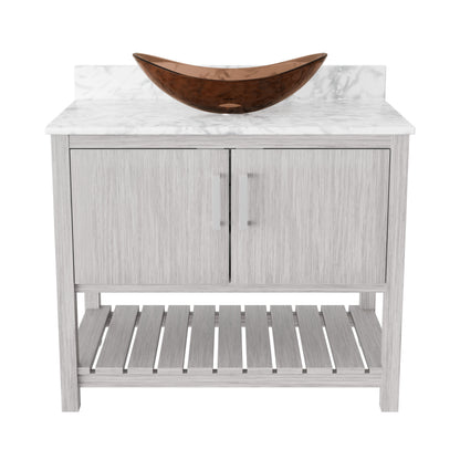 Novatto 36-inch bath vanity with Carrara white marble countertop and integrated sink, modern bathroom accessory design.
