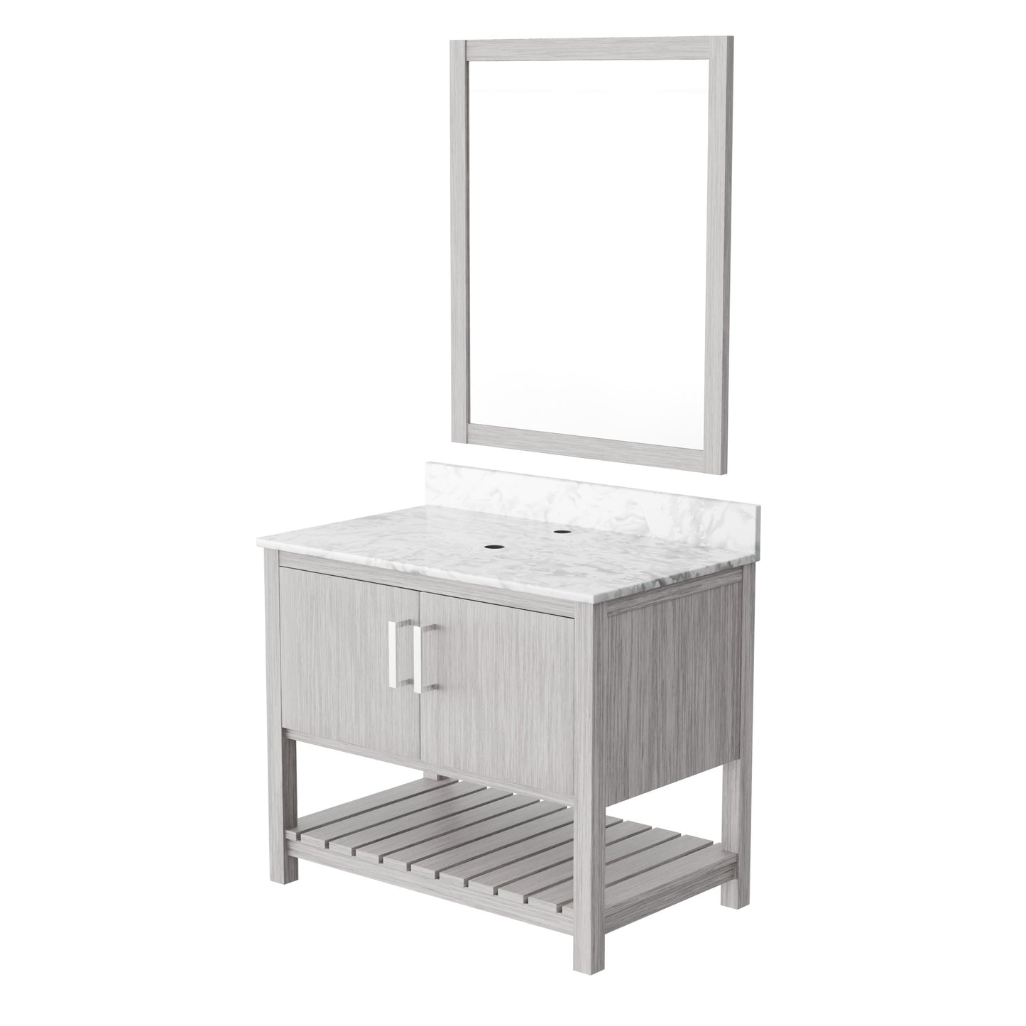 Novatto 36-inch vanity with Cafe Mocha quartz countertop, modern bathroom accessory with sleek design and polished finish.