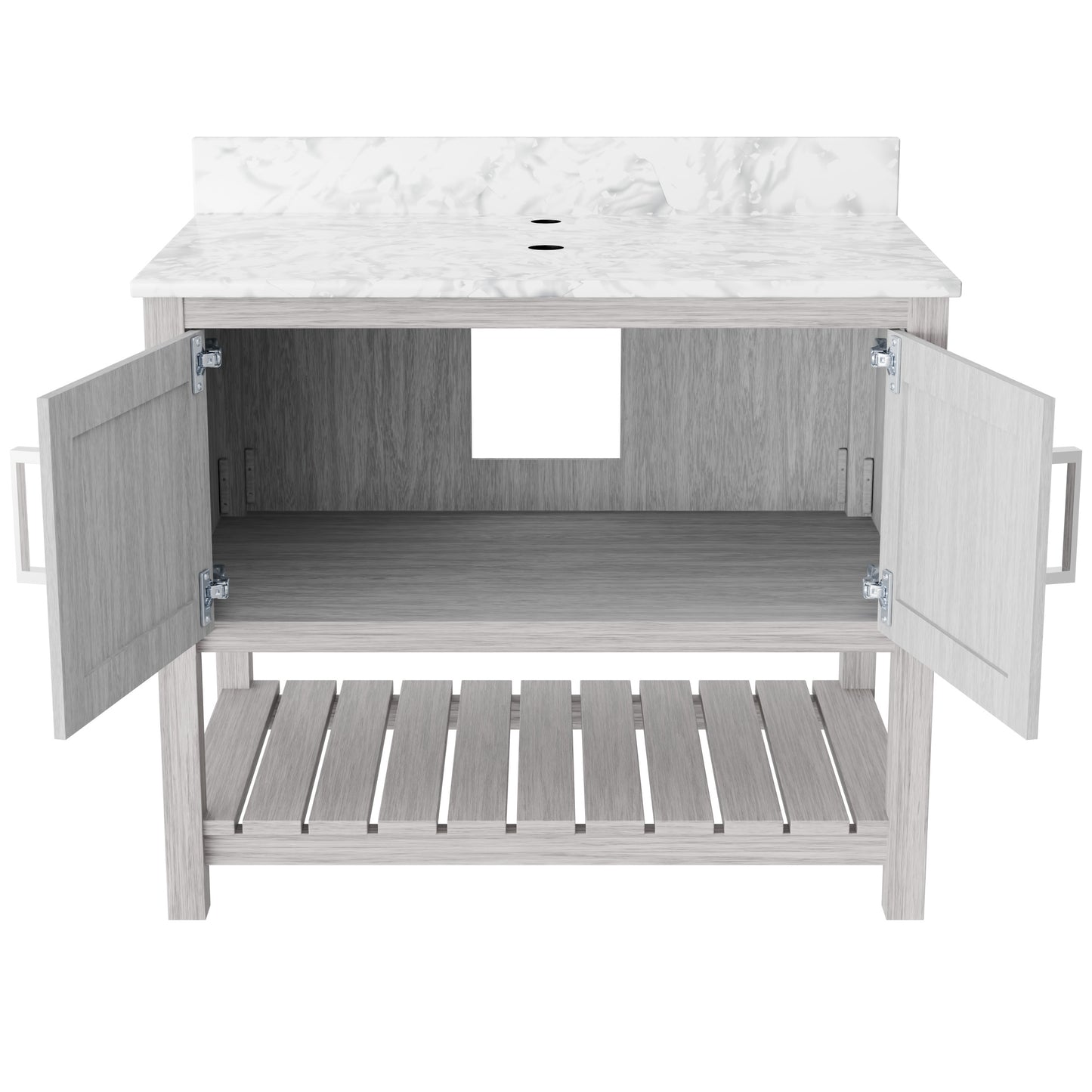 36-inch Novatto vanity with Carrara white marble countertop, showcasing its sleek design and elegant bathroom accessory.