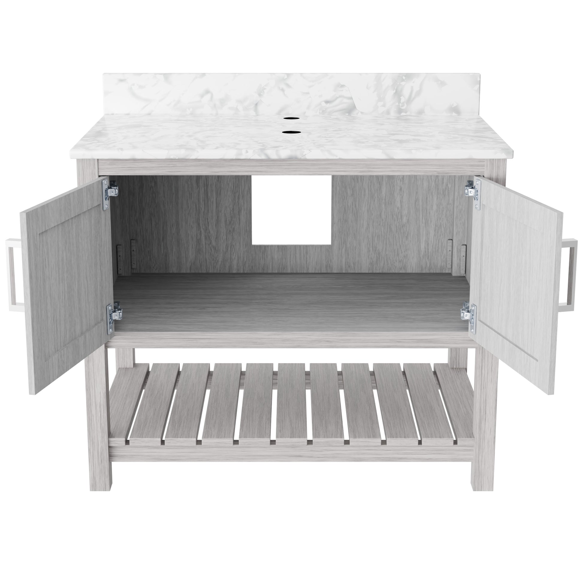 36-inch Novatto vanity with Carrara white marble countertop, showcasing its sleek design and elegant bathroom accessory.
